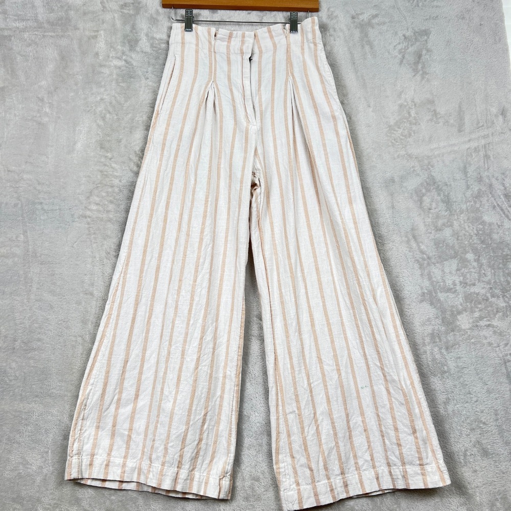 Billabong‎ Womens High Waisted Wide Leg Striped Cotton Pants Tan White Size 27